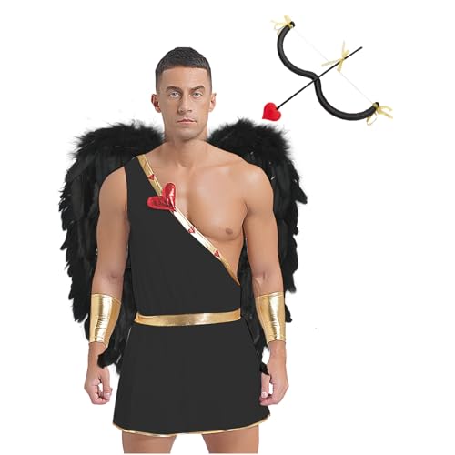 Agoky Herren Amor Cosplay Kostüm Komplettes Set aus Ein-Schulter Toga Römisches Kleid mit Engelflügel und Bogen Metallic Armstulpen Gott der Liebe Outfits Schwarz 3XL von Agoky