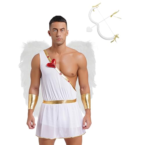 Agoky Herren Amor Cosplay Kostüm Komplettes Set aus Ein-Schulter Toga Römisches Kleid mit Engelflügel und Bogen Metallic Armstulpen Gott der Liebe Outfits Weiß 3XL von Agoky