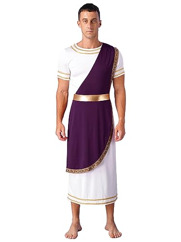 Agoky Herren Antike Griechische Historische Kostüme Toga Kleid Kurzarm Tunika Römer Gladiator Cosplay Halloween Verkleidung Violett 3XL von Agoky