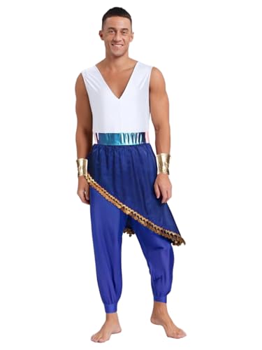 Agoky Herren Arabischer Prinz Kostüm Jumpsuit V Ausschnitt Overall mit Unregelmäßig Rock Metallic Armbändern Einteiler aus Tank Top und Lange Hose Halloween Outfits Blau XXL Agoky Herren Arabischer Prinz Kostüm Jumpsuit V Ausschnitt Overall mit Unregelmäßig Rock Metallic Armbändern Einteiler aus Tank Top und Lange Hose Halloween Outfits Blau XXL von Agoky