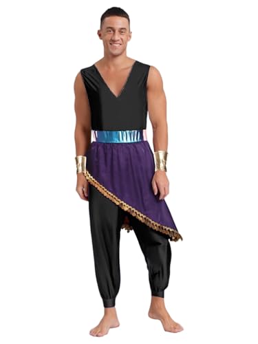 Agoky Herren Arabischer Prinz Kostüm Jumpsuit V Ausschnitt Overall mit Unregelmäßig Rock Metallic Armbändern Einteiler aus Tank Top und Lange Hose Halloween Outfits Schwarz XXL Agoky Herren Arabischer Prinz Kostüm Jumpsuit V Ausschnitt Overall mit Unregelmäßig Rock Metallic Armbändern Einteiler aus Tank Top und Lange Hose Halloween Outfits Schwarz XXL von Agoky