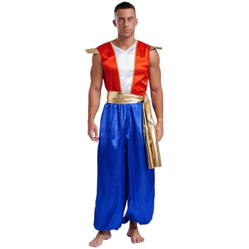 Agoky Herren Arabischer Prinz Kostüm Satin Overall Jumpsuit mit Bindengürtel Einteiler aus Weste Top und Lange Weite Hose mit Beinauschluss Halloween Outfits Blau 3XL von Agoky