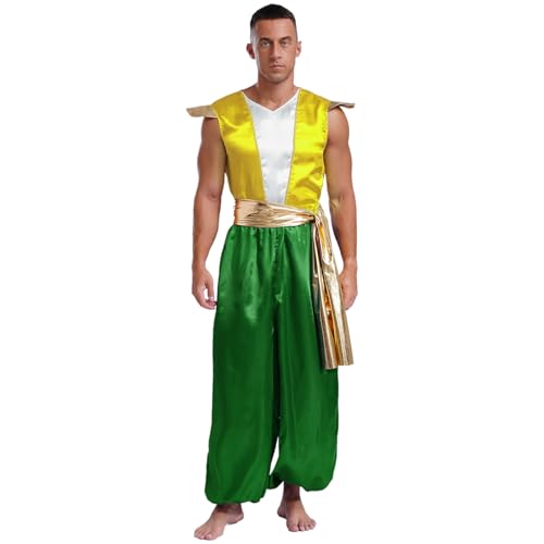 Agoky Herren Arabischer Prinz Kostüm Satin Overall Jumpsuit mit Bindengürtel Einteiler aus Weste Top und Lange Weite Hose mit Beinauschluss Halloween Outfits Grün L von Agoky