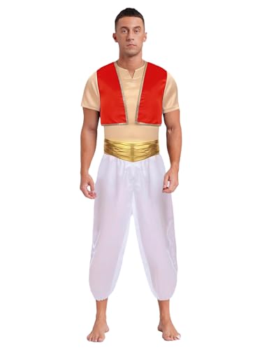 Agoky Herren Arabischer Prinz Kostüm Satin Weste + lange Hose + Kurzarm T-Shirt 3 Pcs Bekleidungsset Bauchtanz Cosplay Kostüm Motto Party Outfits Rot XXL Agoky Herren Arabischer Prinz Kostüm Satin Weste + lange Hose + Kurzarm T-Shirt 3 Pcs Bekleidungsset Bauchtanz Cosplay Kostüm Motto Party Outfits Rot XXL von Agoky