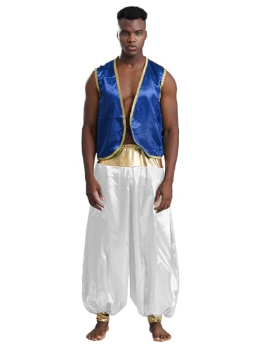 Agoky Herren Arabischer Prinz Kostüm Satin Weste Gilet und lange Hose Metallic Elastischer Bund Weites Bein Baggy Pants Cosplay Kostüm Motto Party Outfits Königsblau Weiß 3XL von Agoky