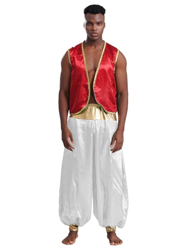 Agoky Herren Arabischer Prinz Kostüm Satin Weste Gilet und lange Hose Metallic Elastischer Bund Weites Bein Baggy Pants Cosplay Kostüm Motto Party Outfits Burgunder & Weiß M von Agoky