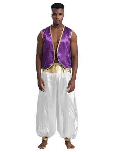 Agoky Herren Arabischer Prinz Kostüm Satin Weste Gilet und lange Hose Metallic Elastischer Bund Weites Bein Baggy Pants Cosplay Kostüm Motto Party Outfits Dunkellila Weiß 3XL von Agoky