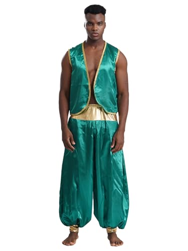 Agoky Herren Arabischer Prinz Kostüm Satin Weste Gilet und lange Hose Metallic Elastischer Bund Weites Bein Baggy Pants Cosplay Kostüm Motto Party Outfits Grün 3XL von Agoky