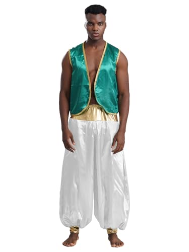 Agoky Herren Arabischer Prinz Kostüm Satin Weste Gilet und lange Hose Metallic Elastischer Bund Weites Bein Baggy Pants Cosplay Kostüm Motto Party Outfits Grün Weiß S von Agoky