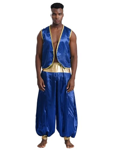 Agoky Herren Arabischer Prinz Kostüm Satin Weste Gilet und lange Hose Metallic Elastischer Bund Weites Bein Baggy Pants Cosplay Kostüm Motto Party Outfits Königsblau 3XL von Agoky