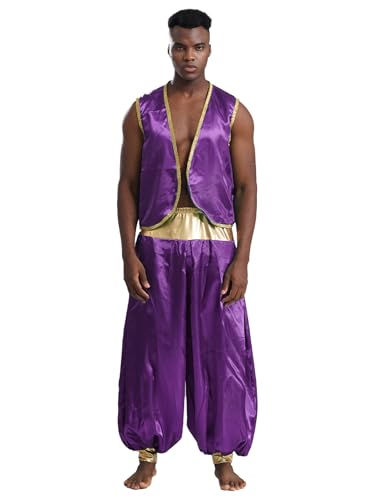 Agoky Herren Arabischer Prinz Kostüm Satin Weste Gilet und lange Hose Metallic Elastischer Bund Weites Bein Baggy Pants Cosplay Kostüm Motto Party Outfits Violett L von Agoky