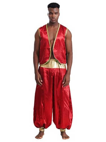 Agoky Herren Arabischer Prinz Kostüm Satin Weste Gilet und lange Hose Metallic Elastischer Bund Weites Bein Baggy Pants Cosplay Kostüm Motto Party Outfits Weinrot L von Agoky