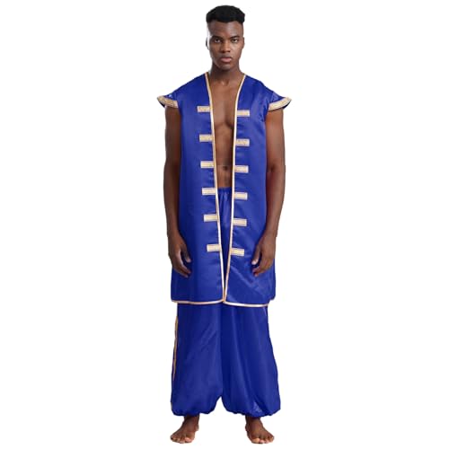 Agoky Herren Arabischer Prinz Kostüm Satin Weste Lange Gilet Top und lange Hose Elastischer Bund Weites Bein Baggy Pants Motto Party Cosplay Outfits Blau 3XL von Agoky