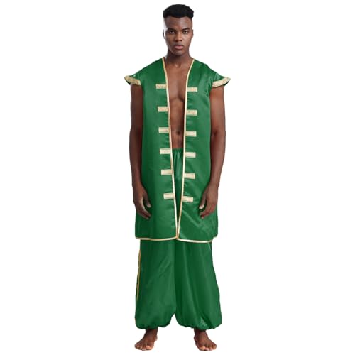 Agoky Herren Arabischer Prinz Kostüm Satin Weste Lange Gilet Top und lange Hose Elastischer Bund Weites Bein Baggy Pants Motto Party Cosplay Outfits Grün L von Agoky