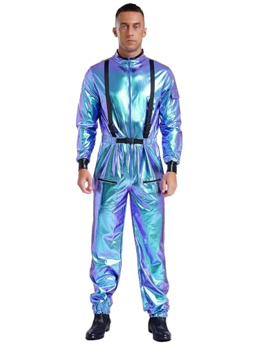 Agoky Herren Astronauten Kostüm Erwachsene Metallic glänzend Jumpsuit Weltraum Raumfahrer Halloween Cosplay Tanzbekleidung Blau 3XL von Agoky