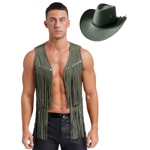 Agoky Herren Cowboy Kostüm Western Hippie Weste mit Fransen Wildlederoptik Hut Halloween Fasching Karneval Motto Party Outfits Armeegrün XL von Agoky