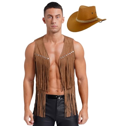 Agoky Herren Cowboy Kostüm Western Hippie Weste mit Fransen Wildlederoptik Hut Halloween Fasching Karneval Motto Party Outfits Braun M von Agoky