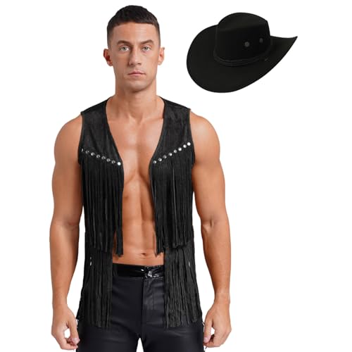 Agoky Herren Cowboy Kostüm Western Hippie Weste mit Fransen Wildlederoptik Hut Halloween Fasching Karneval Motto Party Outfits Schwarz XL von Agoky