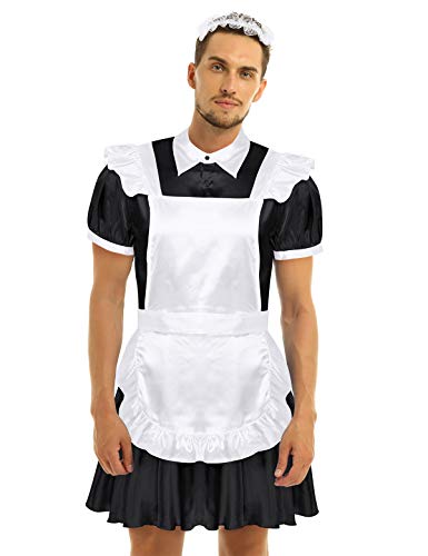 Agoky Herren Dienstmädchen Kostüm Satin Kleid mit Kragen und Rüschen Schürze Spitzen Stirnband Cosplay Outfits Nachtwäsche Schwarz L von Agoky