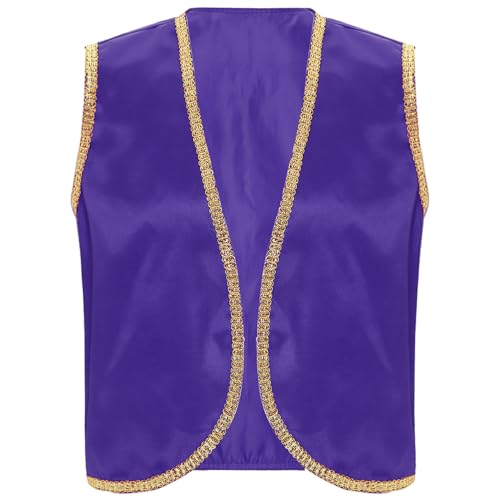 Agoky Herren Festliche Weste Arabischer Prinz Orient Sultan Gilet Ärmellos Open Front Jacke Goldene Borte Halloween Cosplay Outfits Dunkelviolett 3XL von Agoky