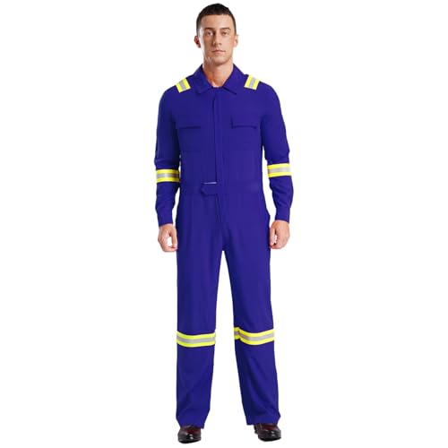 Agoky Herren Feuerwehrmann Kostüm Ganzkörperanzug Langarm Coverall Jumpsuit Arbeitsoverall mit Gürtel Taschen Arbeitskleidung Blau 3XL von Agoky