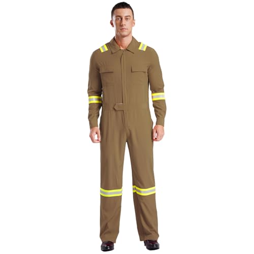 Agoky Herren Feuerwehrmann Kostüm Ganzkörperanzug Langarm Coverall Jumpsuit Arbeitsoverall mit Gürtel Taschen Arbeitskleidung Khaki 3XL von Agoky