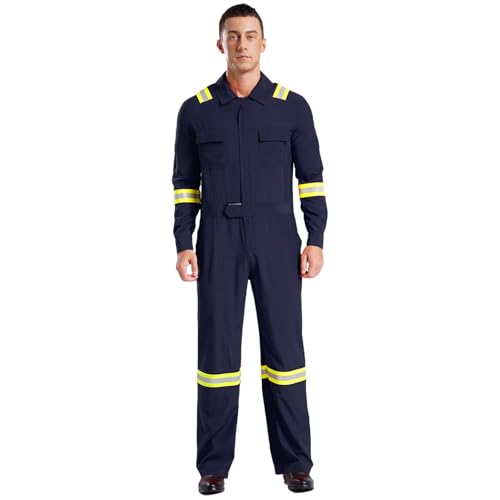 Agoky Herren Feuerwehrmann Kostüm Ganzkörperanzug Langarm Coverall Jumpsuit Arbeitsoverall mit Gürtel Taschen Arbeitskleidung Navy blau 3XL von Agoky