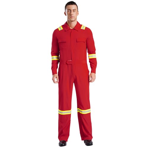 Agoky Herren Feuerwehrmann Kostüm Ganzkörperanzug Langarm Coverall Jumpsuit Arbeitsoverall mit Gürtel Taschen Arbeitskleidung Rot L von Agoky