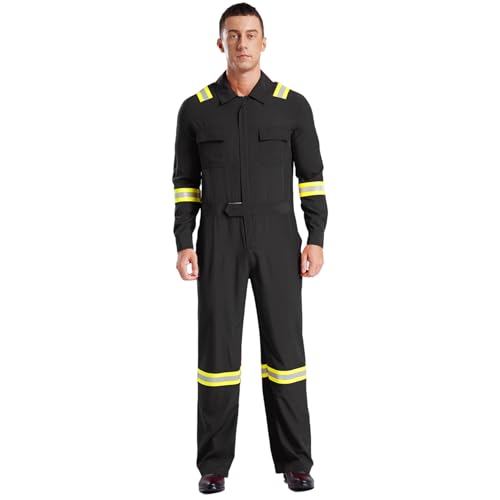 Agoky Herren Feuerwehrmann Kostüm Ganzkörperanzug Langarm Coverall Jumpsuit Arbeitsoverall mit Gürtel Taschen Arbeitskleidung Schwarz M von Agoky