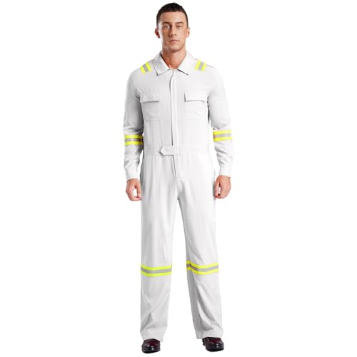 Agoky Herren Feuerwehrmann Kostüm Ganzkörperanzug Langarm Coverall Jumpsuit Arbeitsoverall mit Gürtel Taschen Arbeitskleidung Weiß 4XL von Agoky