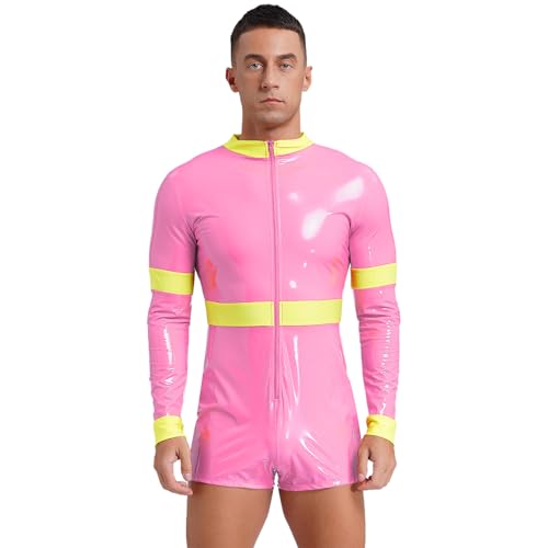 Agoky Herren Feuerwehrmann Kostüm Wetlook Body Langarm Jumpsuit Kurz Farbblock Overall mit Reisverschluss Einteiler Unterwäsche Arbeitsoverall Uniformen Rosa 4XL von Agoky