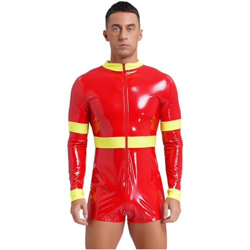 Agoky Herren Feuerwehrmann Kostüm Wetlook Body Langarm Jumpsuit Kurz Farbblock Overall mit Reisverschluss Einteiler Unterwäsche Arbeitsoverall Uniformen Rot XXL von Agoky