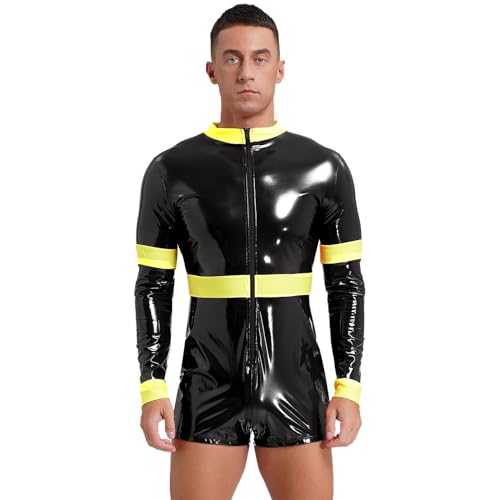 Agoky Herren Feuerwehrmann Kostüm Wetlook Body Langarm Jumpsuit Kurz Farbblock Overall mit Reisverschluss Einteiler Unterwäsche Arbeitsoverall Uniformen Schwarz 3XL von Agoky