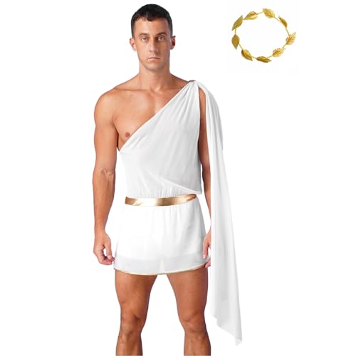 Agoky Herren Gladiator Rock Ein-Schulter Toga Kleid mit Umschlagtücher Blätter Krone Römer Cosplay Kostüm Halloween Mottoparty Outfits Weiß M von Agoky