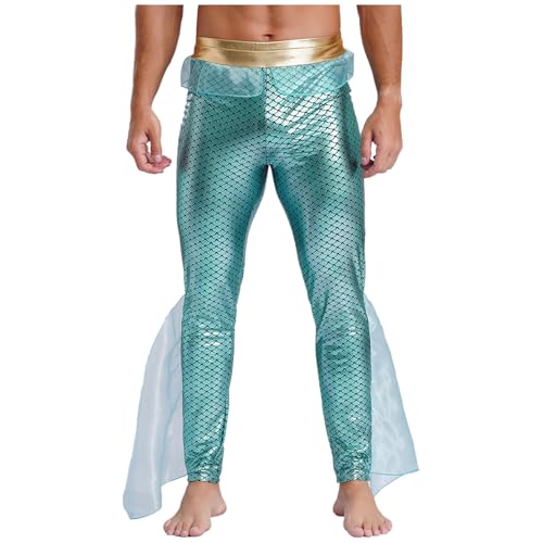 Agoky Herren Glänzend Hose mit Fischschuppen Druck Slim Fit Stretch Pants mit Glitzer Halloween Kostüm Motto Party Outfits Minzgrün S von Agoky