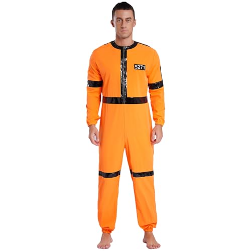 Agoky Herren Häftlinge Sträfling Kostüm Langarm Overall Ganzkörperanzug mit Zipper Nummer Regular Fit Jumpsuit Einteiler Uniformen Orange 3XL von Agoky