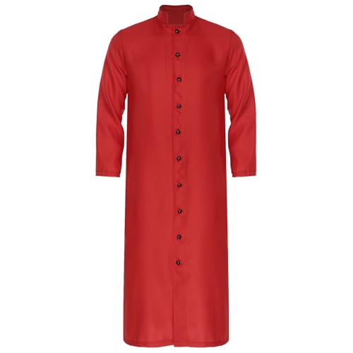 Agoky Herren Halloween Cosplay Kostüm Klerus Robe Stehkragen Hemdkleid Blusenkleid Langarm Priester Kleid mit Knopfleiste Rot XL von Agoky