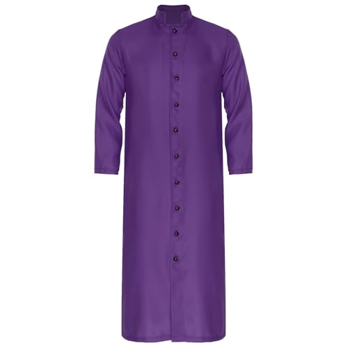 Agoky Herren Halloween Cosplay Kostüm Klerus Robe Stehkragen Hemdkleid Blusenkleid Langarm Priester Kleid mit Knopfleiste Violett L von Agoky