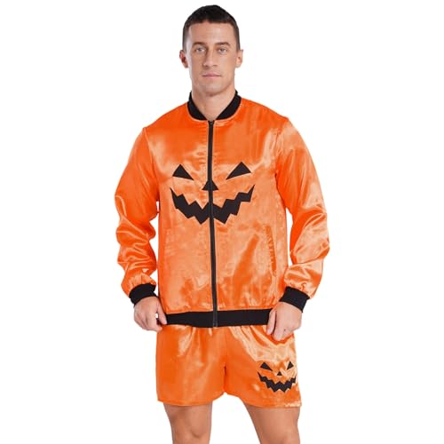 Agoky Herren Halloween Cosplay Kostüm Kürbis Aufdruck Jacke und Kurze Hose Zweiteiler Sportanzug Trainingsanzug Jogginganzug Sportswear Orange 3XL von Agoky