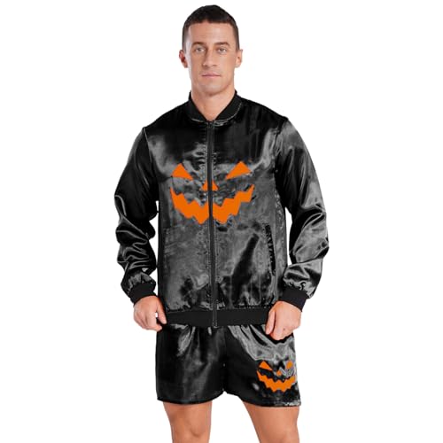 Agoky Herren Halloween Cosplay Kostüm Kürbis Aufdruck Jacke und Kurze Hose Zweiteiler Sportanzug Trainingsanzug Jogginganzug Sportswear Schwarz L von Agoky