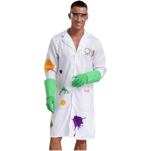 Agoky Herren Halloween Kostüm Wissenschaftler Chemiker Apotheker Kittel Langarm Mantel mit Cartoon Taschen Werkzeuge Print Cosplay Outfits Weiß M von Agoky