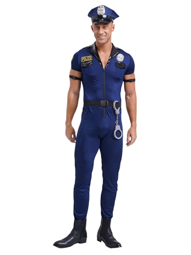 Agoky Herren Polizei Uniformen Polizist Jumpsuit Overall mit Hut und Handschellen Kurzarm Granzkörperanzug Arbeitsoverall Halloween Cosplay Kostüm Blau L von Agoky