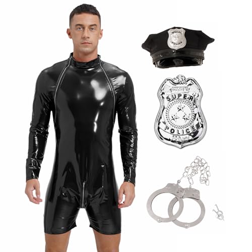 Agoky Herren Polizist Kostüm Langarm Lack Leder Body mit Bein Glänzend Jumpsuit Overall mit Hut Abzeichen Handschellen Halloween Cosplay Outfits Schwarz 3XL von Agoky