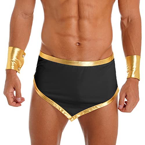 Agoky Herren Römer Kostüm Goldener Saum Gladiator Rock mit Armbändern Mottoparty Clubwear Schwarz M von Agoky