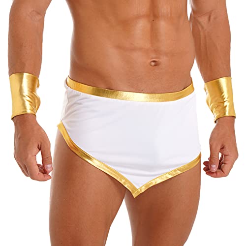 Agoky Herren Römer Kostüm Goldener Saum Gladiator Rock mit Armbändern Mottoparty Clubwear Weiß 3XL von Agoky