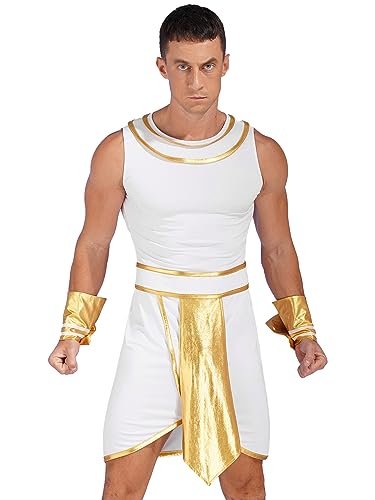 Agoky Herren Römer Kostüm Griechischer Gott Zeus Cosplay Toga Kleid mit Metallic Armbändern Motto Party Fasching Outfits Weiß M von Agoky