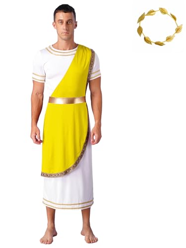 Agoky Herren Römer Kostüm Griechischer Gott Zeus Cosplay Toga Kleid mit Metallic Lorbeer Kranz Motto Party Fasching Outfits Gelb 3XL von Agoky