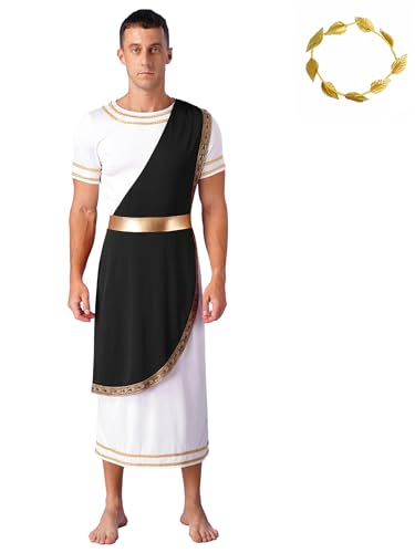 Agoky Herren Römer Kostüm Griechischer Gott Zeus Cosplay Toga Kleid mit Metallic Lorbeer Kranz Motto Party Fasching Outfits Schwarz 3XL von Agoky