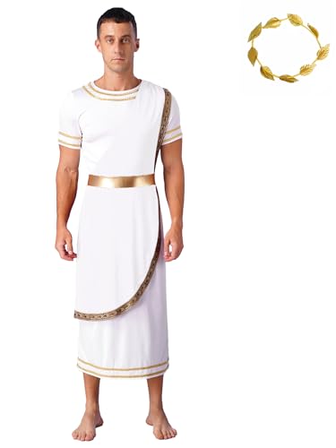 Agoky Herren Römer Kostüm Griechischer Gott Zeus Cosplay Toga Kleid mit Metallic Lorbeer Kranz Motto Party Fasching Outfits Weiß 3XL von Agoky