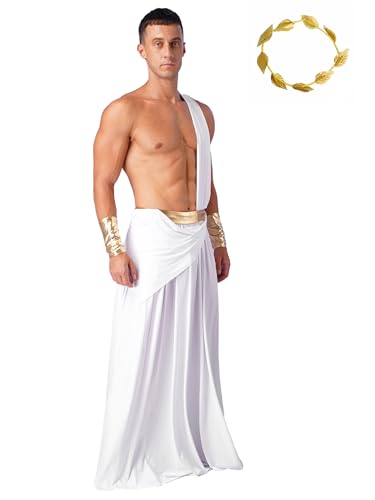 Agoky Herren Römer Kostüm Griechischer Gott Zeus Ein- Schulter Toga Kleid mit Metallic Armbändern Lorbeer Kranz Motto Party Fasching Cosplay Outfits Schwarz S von Agoky